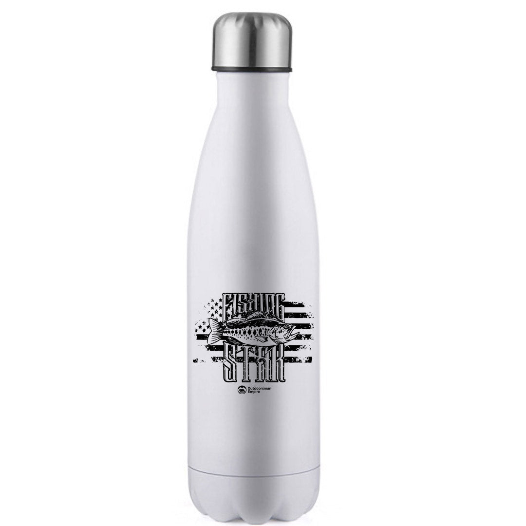 Fishing Star Stainless Steel Water Bottle in vibrant colors, showcasing its sleek bowling pin shape and insulated design.